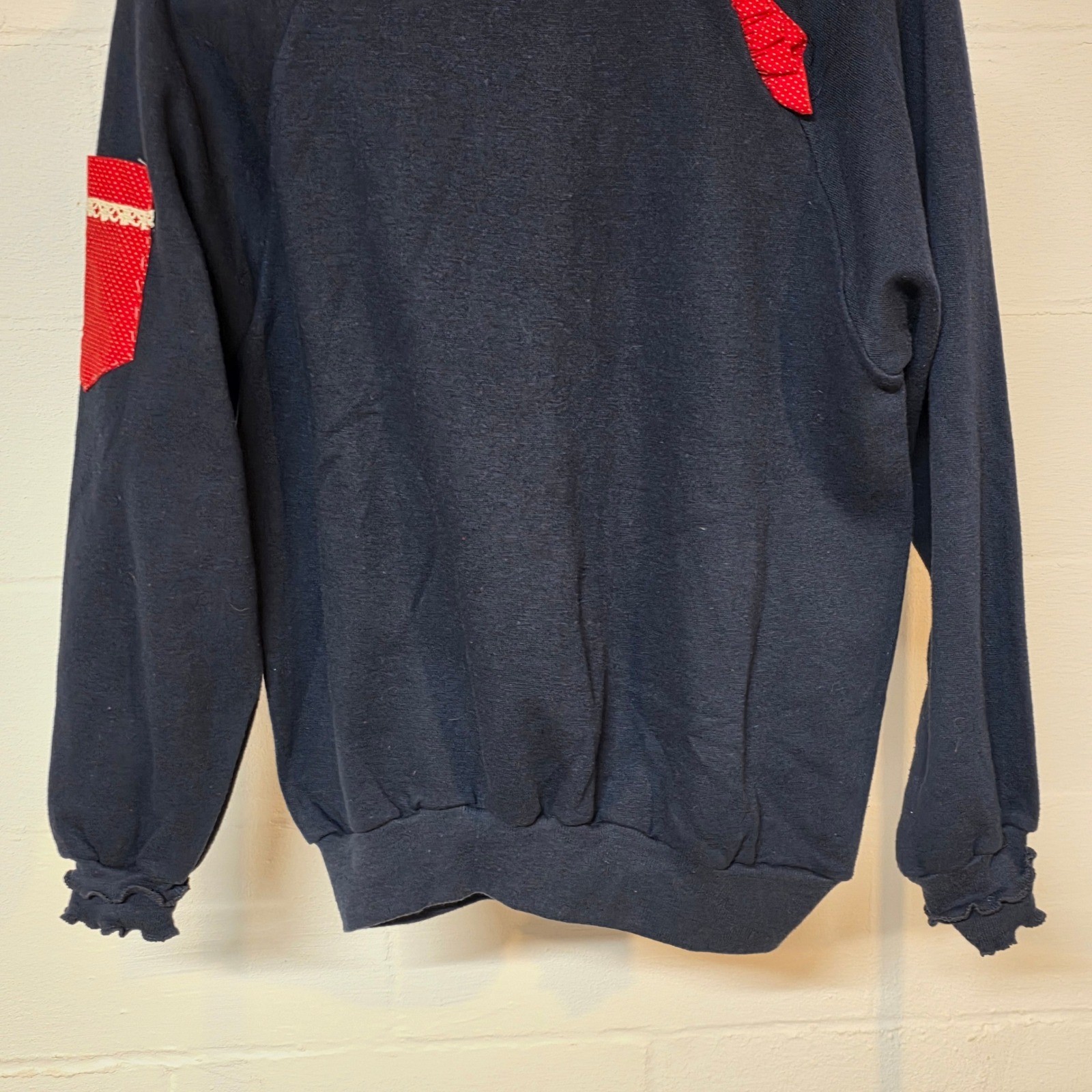 Vintage 80s Activewear Navy Blue Ruffle Collar Polka Dot Sweatshirt Women Medium