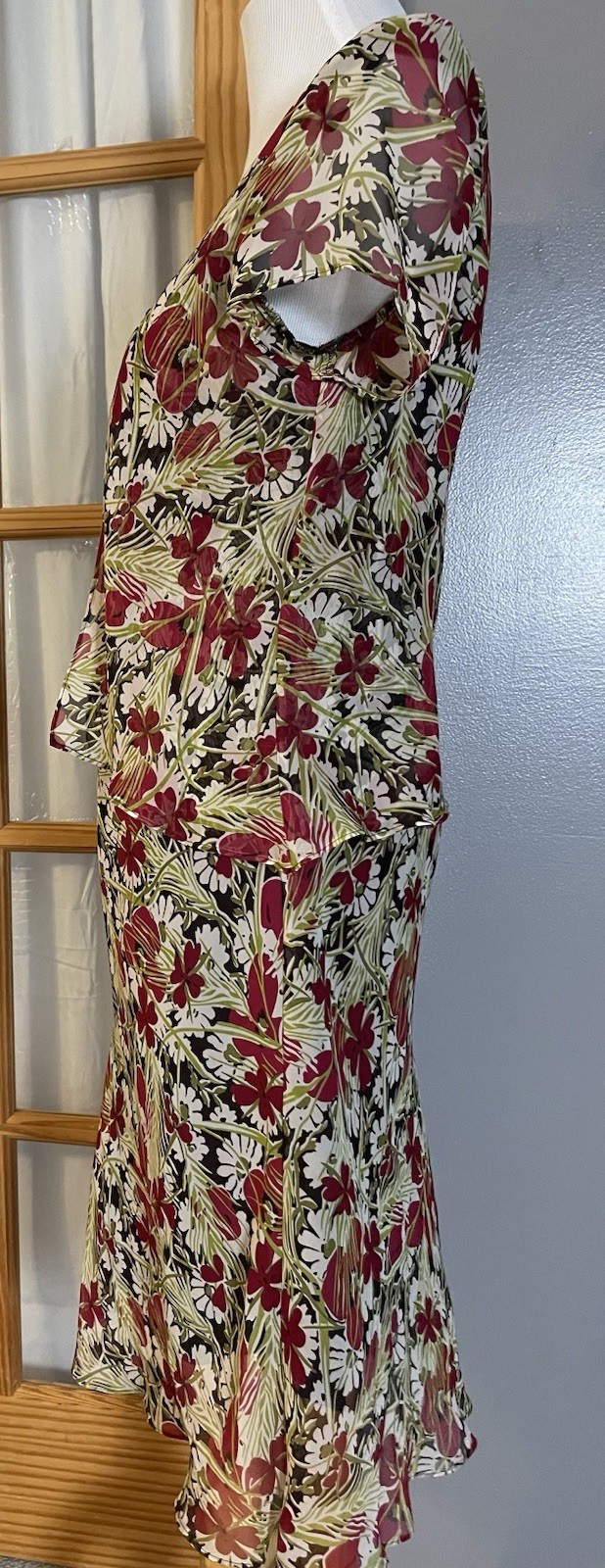 80’s R&K Originals Layered Floral Dress 8P Green Red Chiffon Career Boho Party