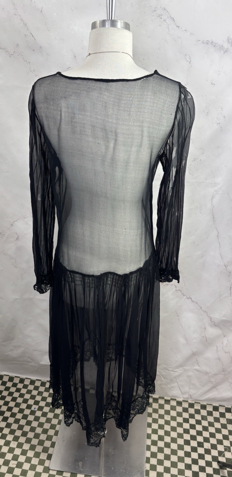 Antique 1920s Black Sheer Silk Chiffon Drop Waist Dress Art Deco Glam Vintage M