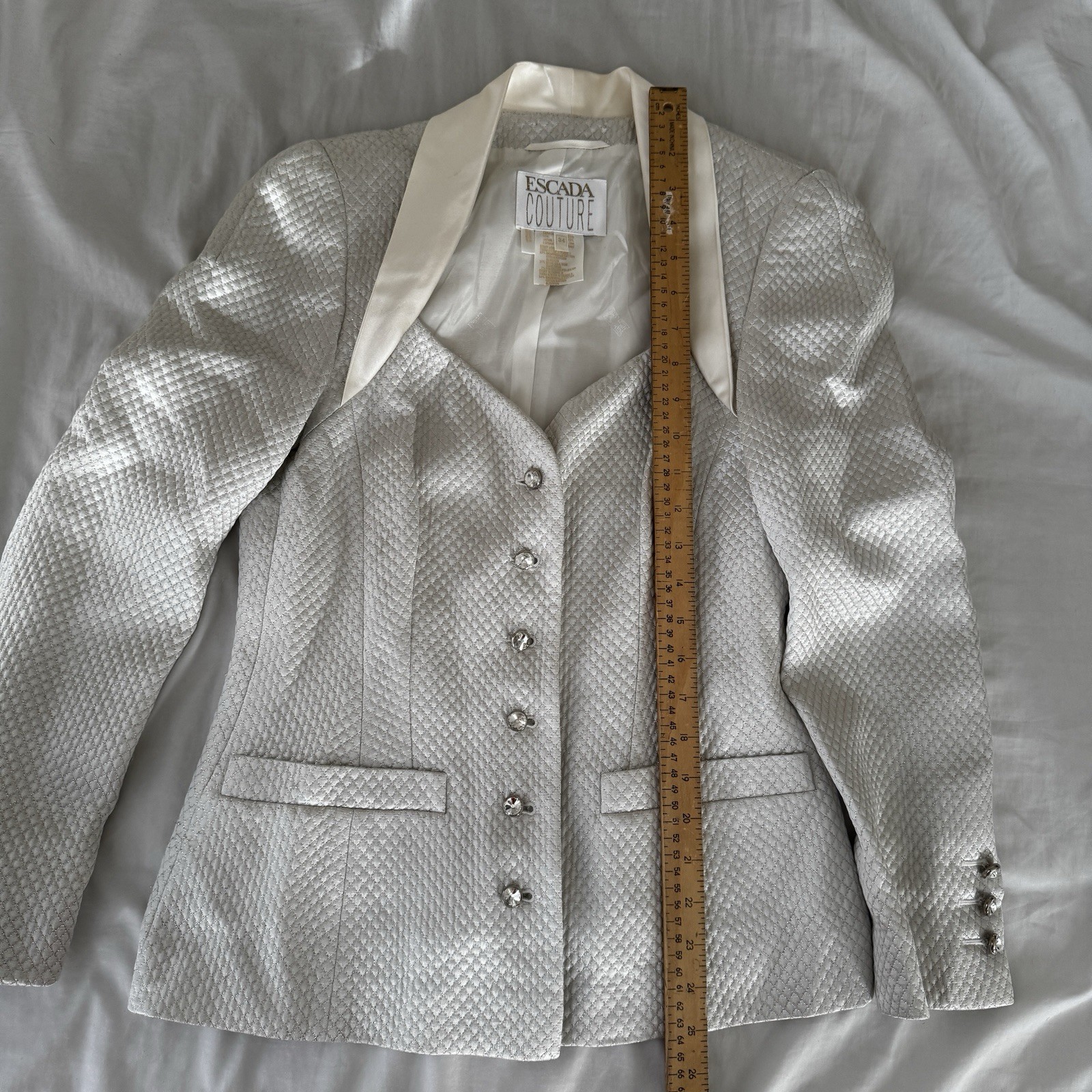 Vintage ESCADA COUTURE Silk Cotton White Silver Suit Jacket Blazer sz 34 Luster