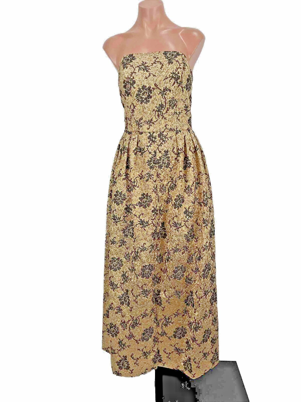 VTG 60s 50s Lame GOLD Hollywood Glam Floral Formal Dress Evening Party Gatsby