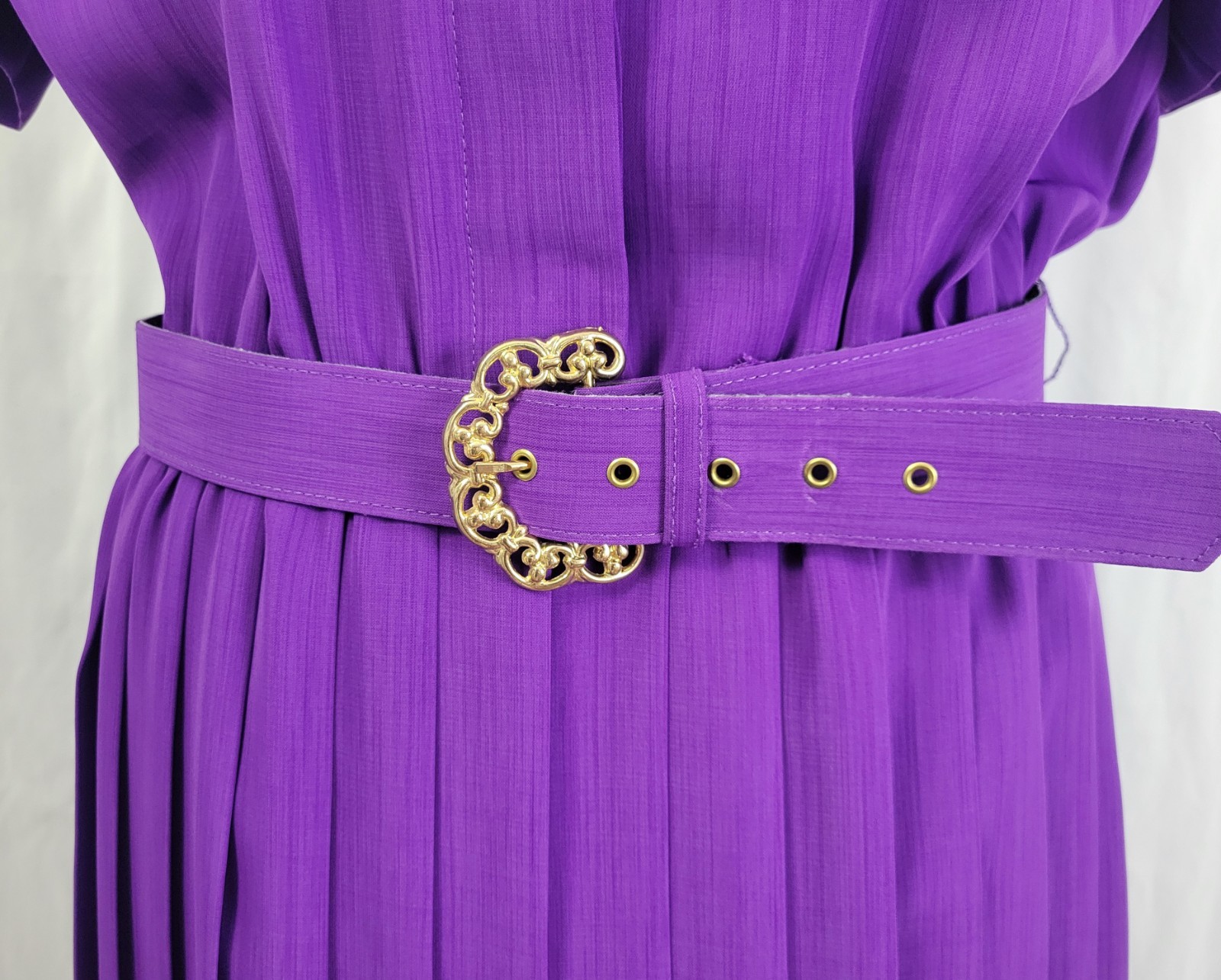 Vintage Leslie Fay Purple Blouson Dress w Pleated Skirt & Matching Belt Size 16