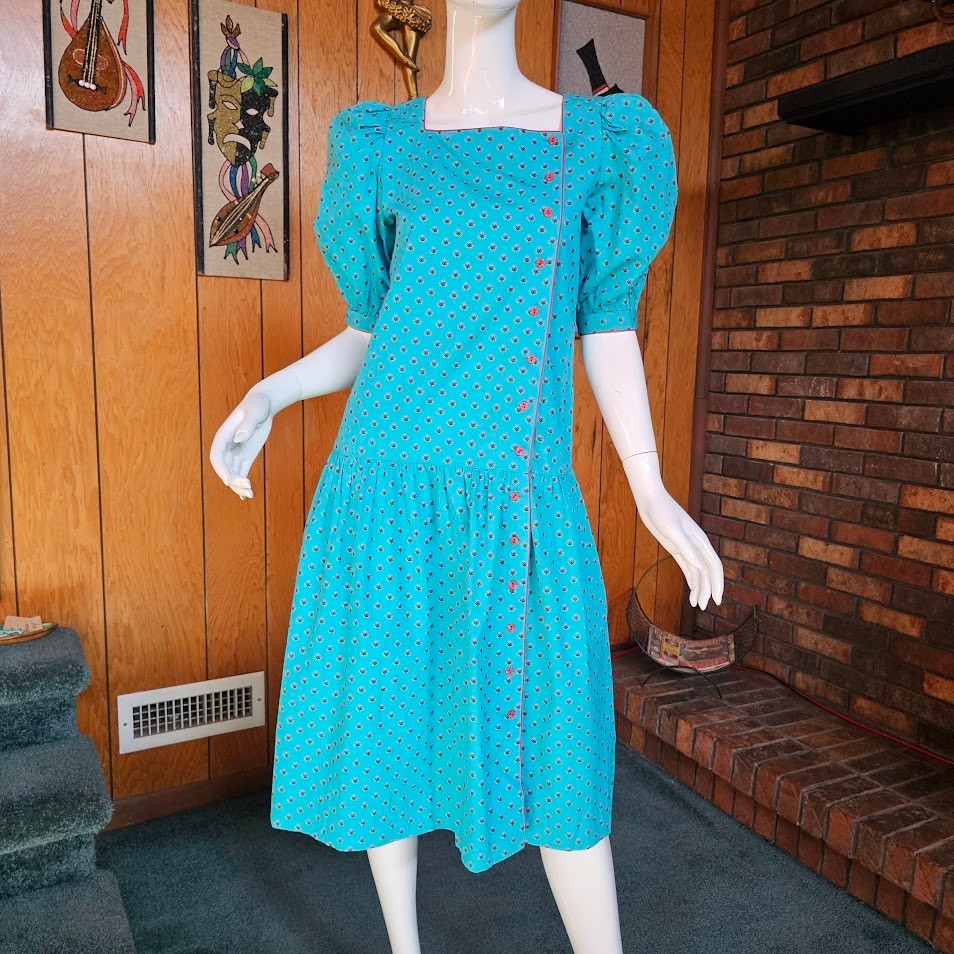 Vtg 1980s Sissy Preppy Flowerbud Liz Claiborne Drop Waist Balloon Sleeve Dress S