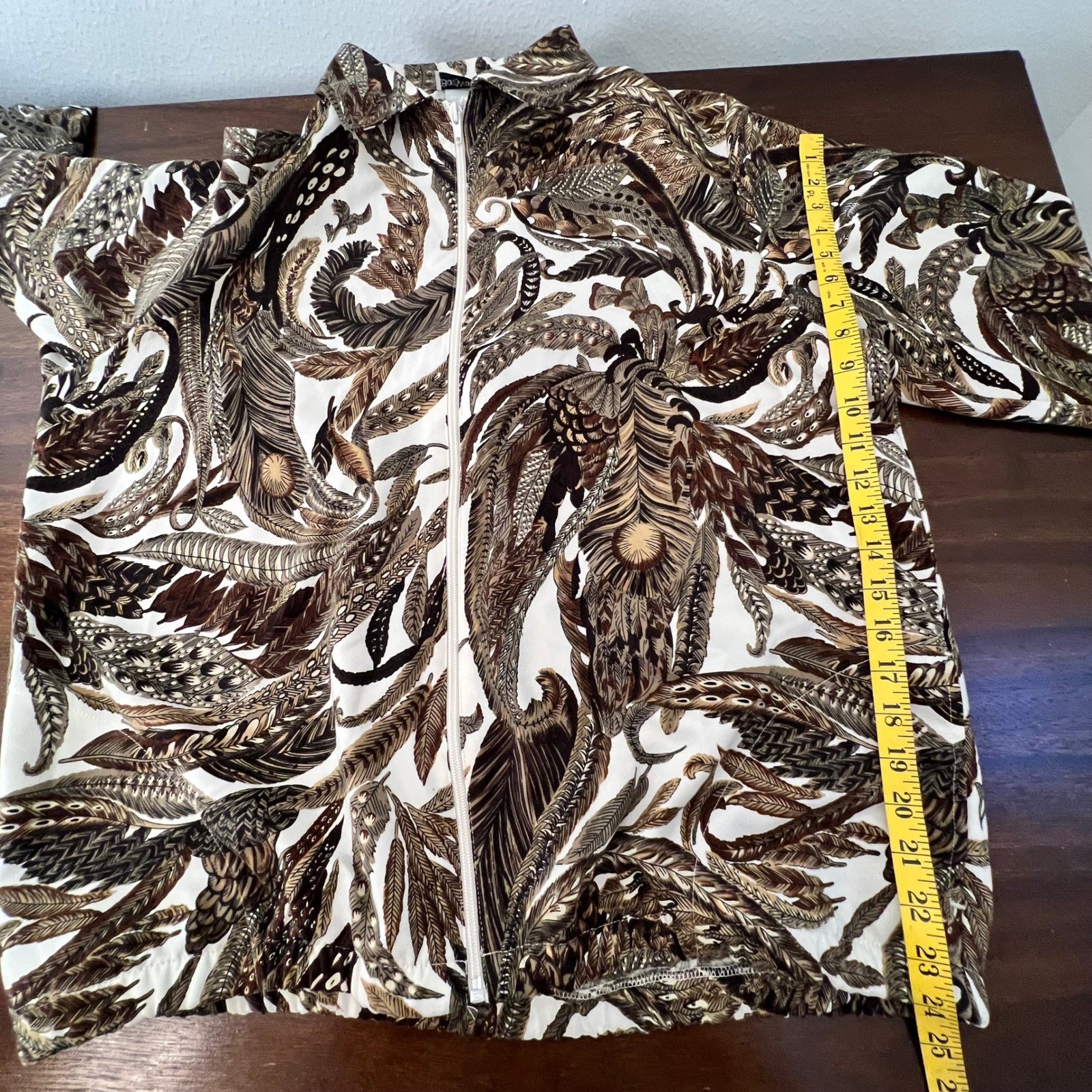 Vintage Feather Pattern Zip Up Jacket Womens Medium Oversized Artsy Indie Nature