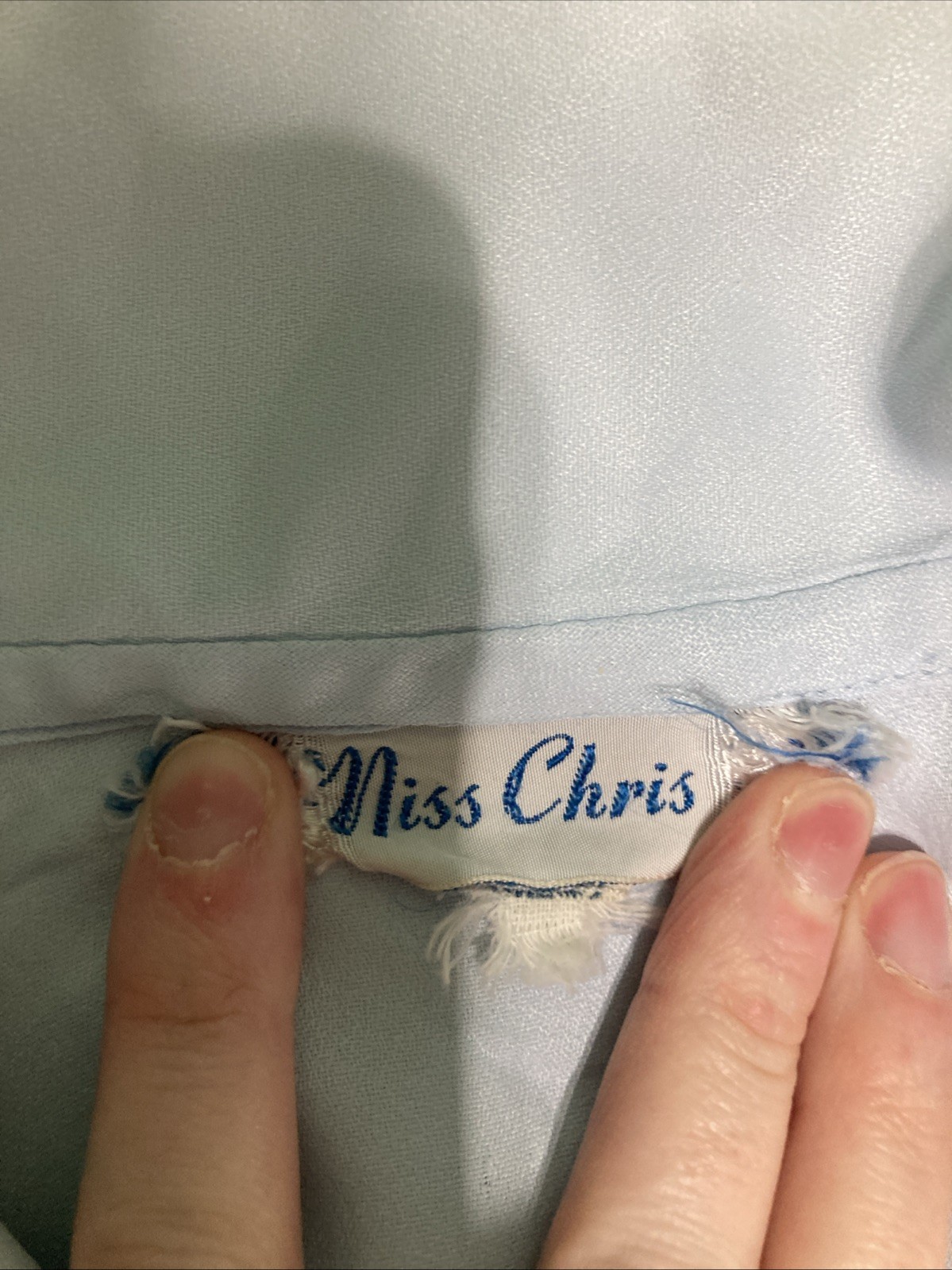 VTG Miss Chris Blue Ruffle Jabot Blouse 70s Secretary Victorian Union Made XS/S