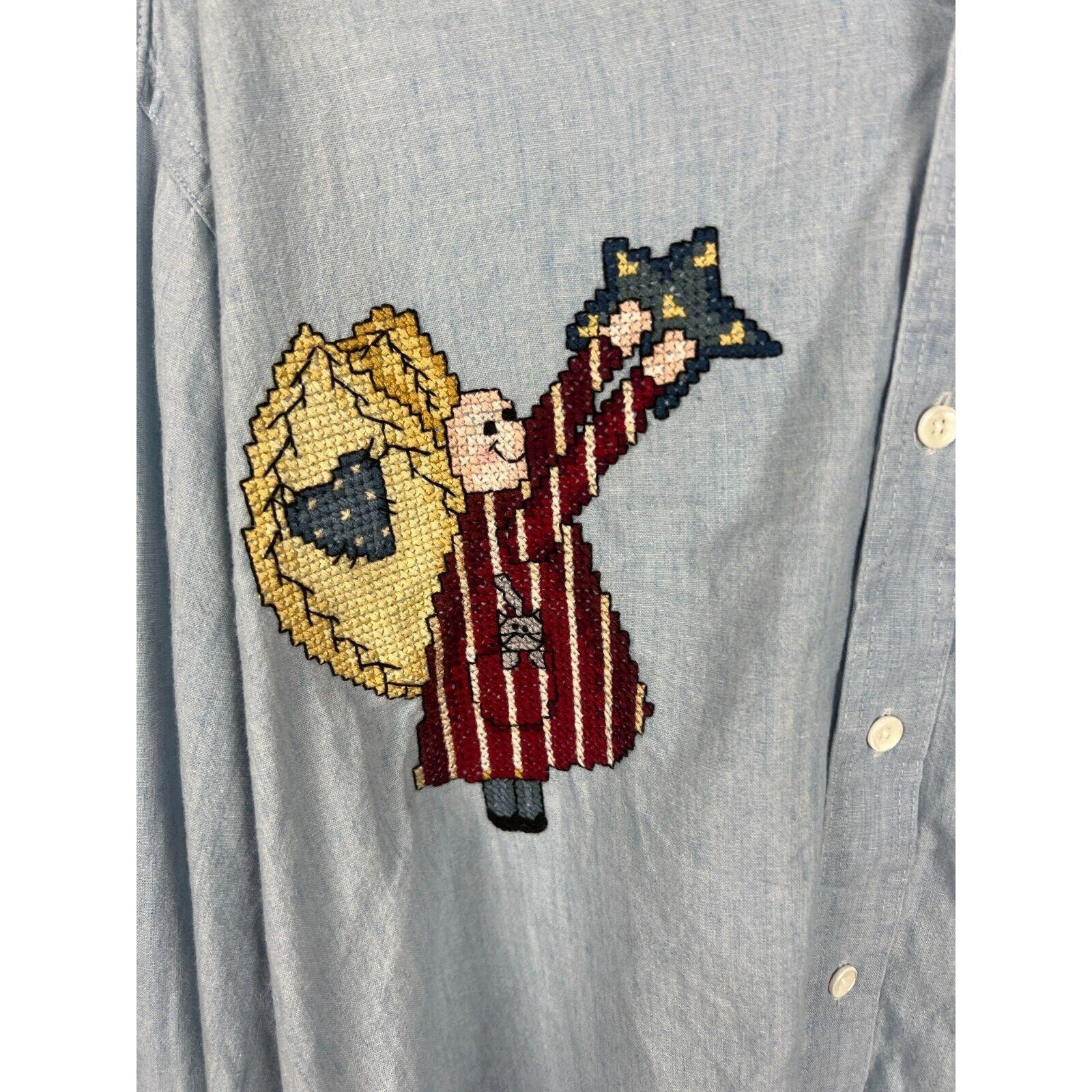 90s L.L.Bean Angel Embroidered Chambray Shirt Celestial Folk Art XL Cottagecore