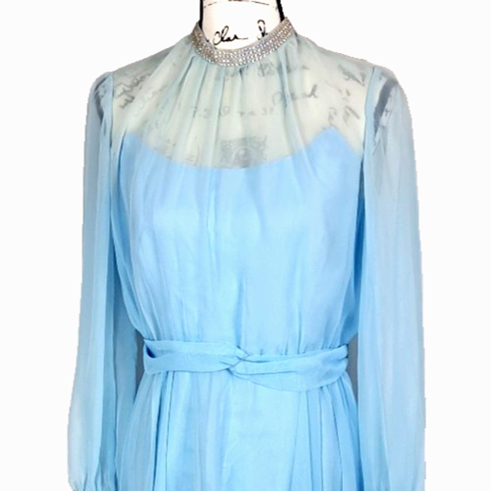 Vtg 70s Sheer Chiffon Rhinestone Maxi Dress Size 9 Blue Regency Formal Union Tag
