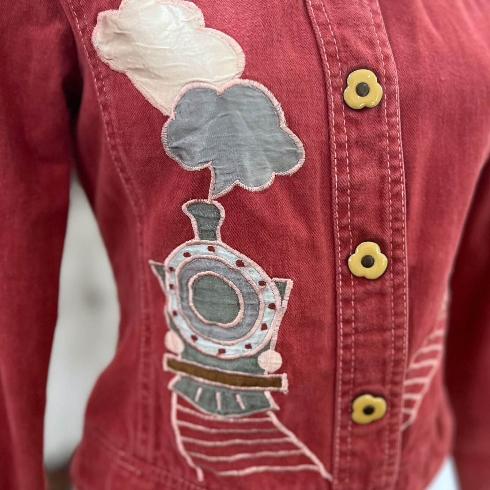 1970s Roncelli Denim Jacket Novelty Train Appliqué Vintage Top Wearable Art Sz S