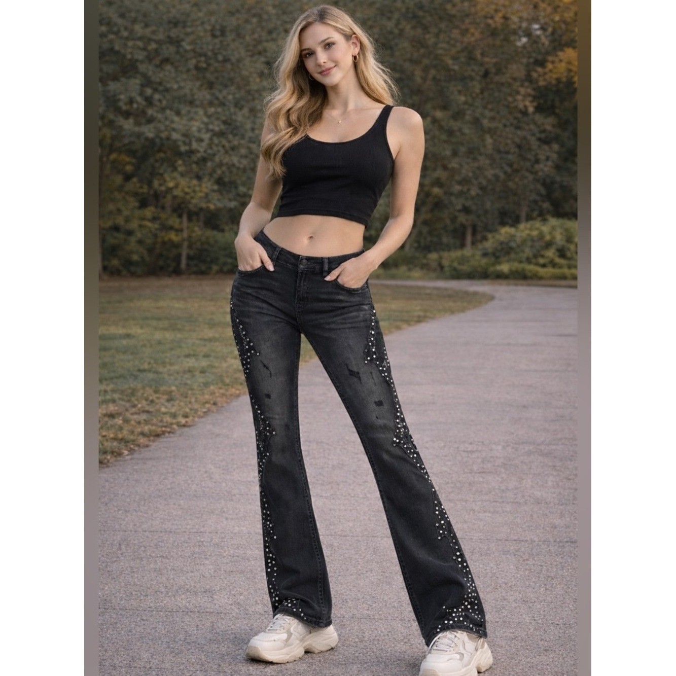 GFTD LA Black Rhinestone Flame Jeans Sz 30 Y2K Bootcut Stretch Denim NWOT