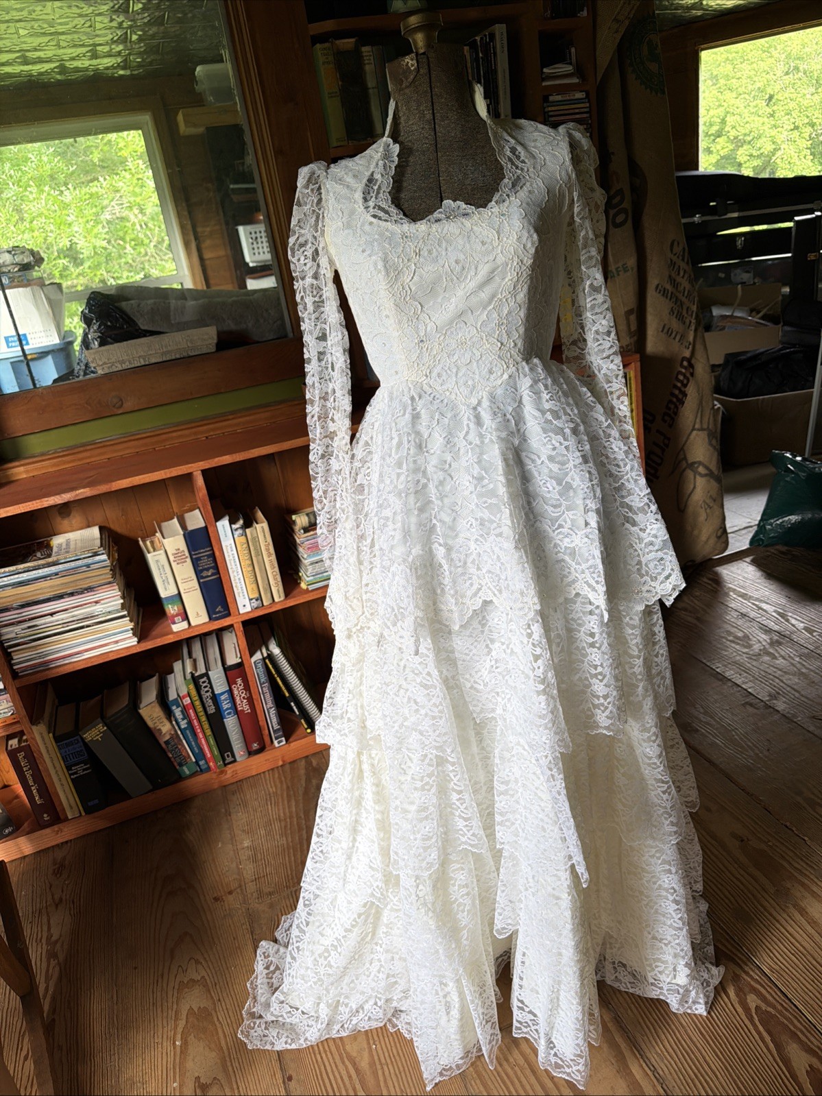 Bridallure Alfred Angelo Vintage Wedding Dress, Lace, Ruffled Tiered Long Sleeve