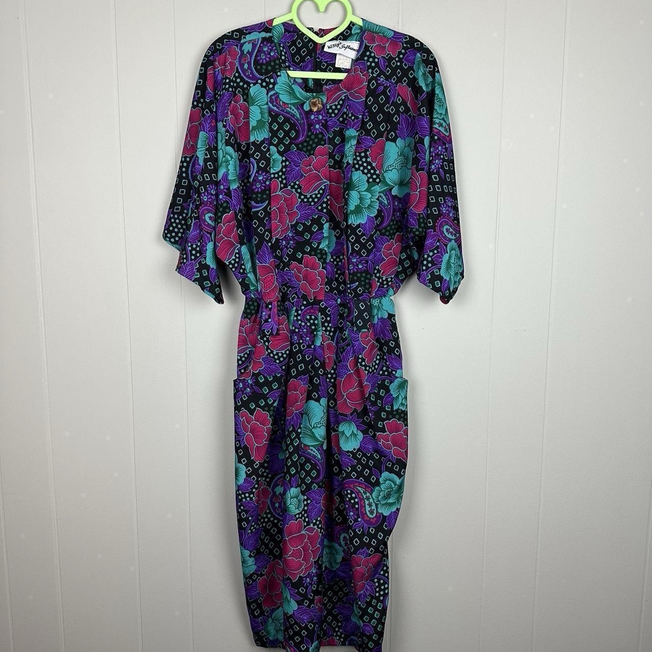 80s purple and black floral print dress with 3/4 sleeves