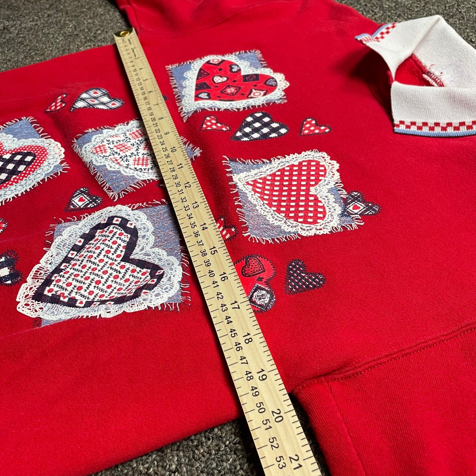 Vintage Red Heart Patchwork Sweatshirt White Polo Collar Valentine Cottage core