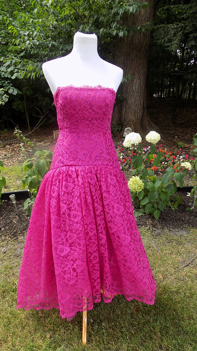 Vintage 80s Magenta Lace Dress Glitter After Five Strapless B34