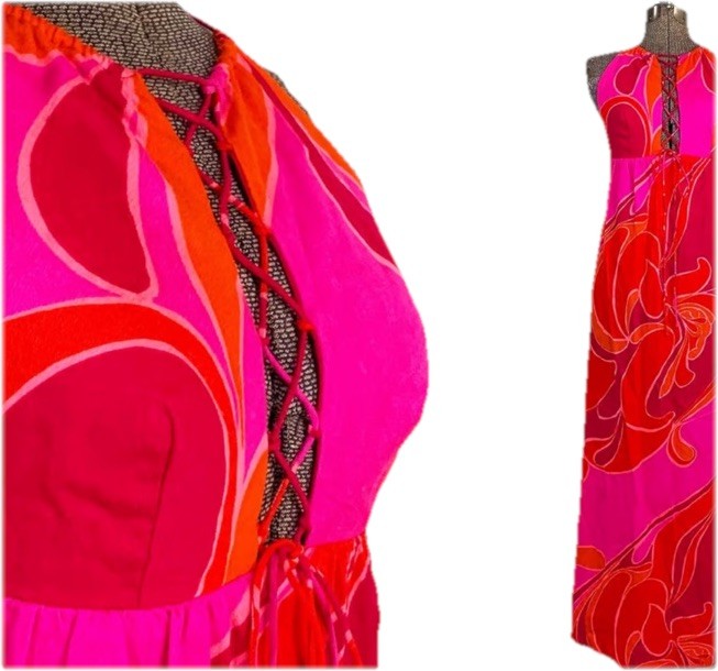 Vtg 1970s FUMI&rsquo;S At WAIKIKI Floral Pink Orange Bark Cloth Hawaiian Maxi Dress 10