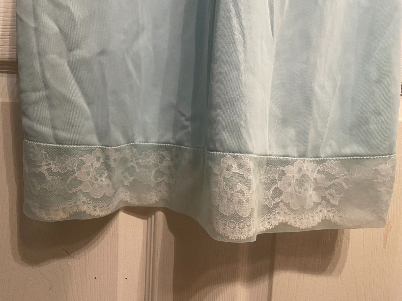 Vintage Evette Slip Nightgown Size 36 Lace Trim Nylon USA Made Baby BLUE Sissy