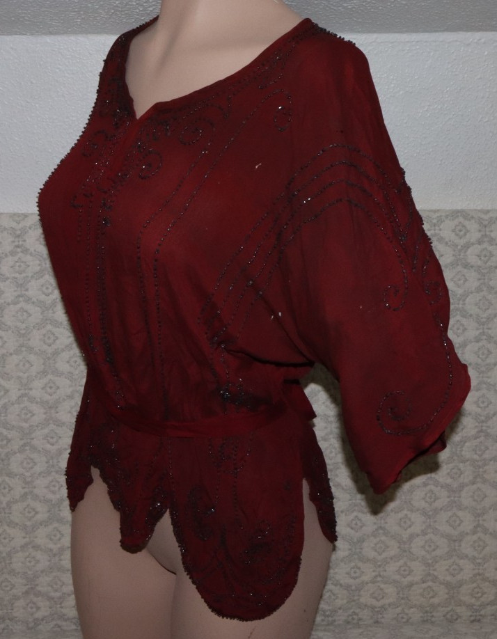 VTG Antique ART DECO 20s FLAPPER Era Maroon SILK Jet BEADED Dolman Sleeve BLOUSE