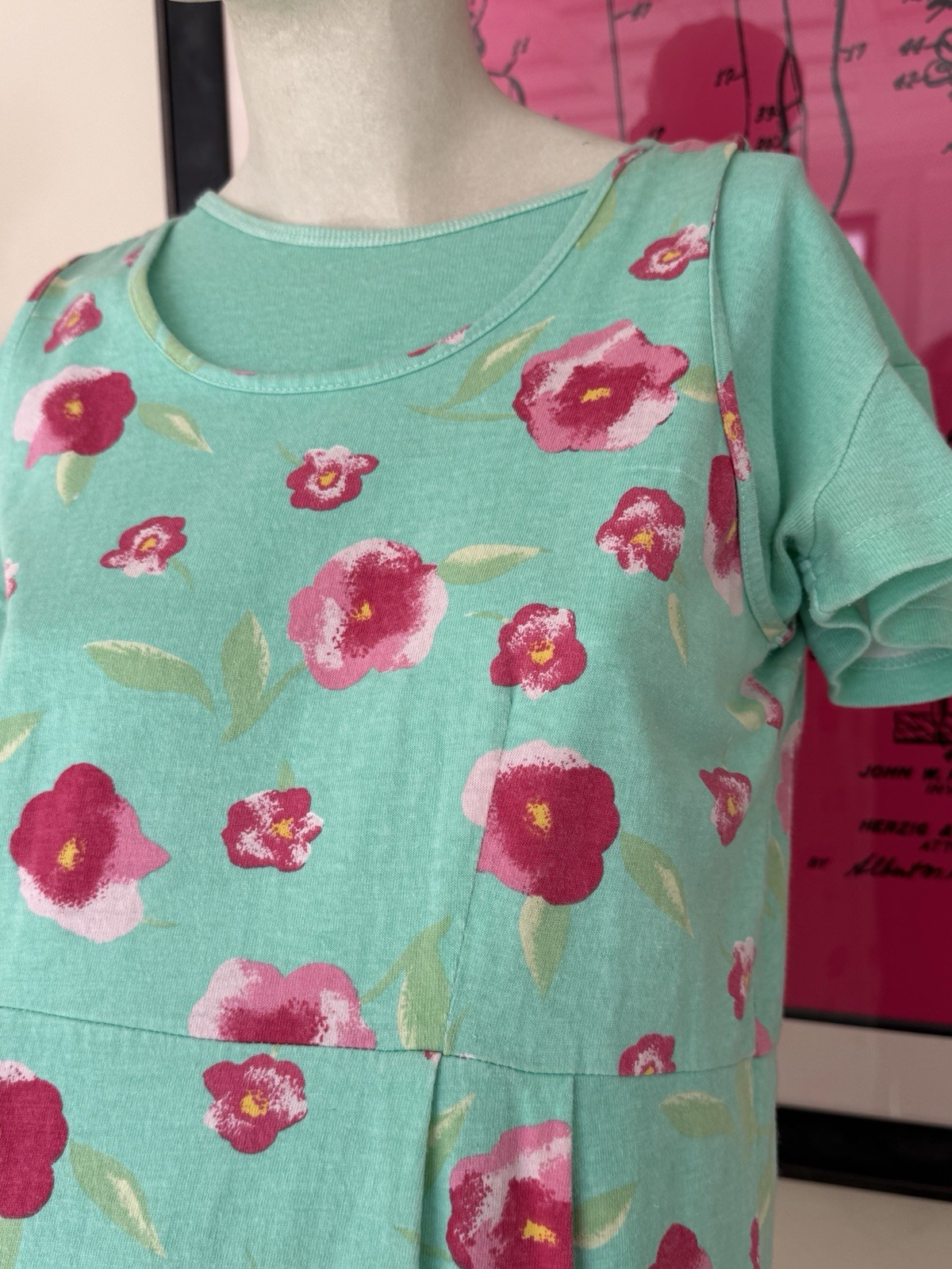 Vintage 1990s Dress Set-Knit-Floral-Spring-Cottage Green Pink-T Shirt-Tank-M