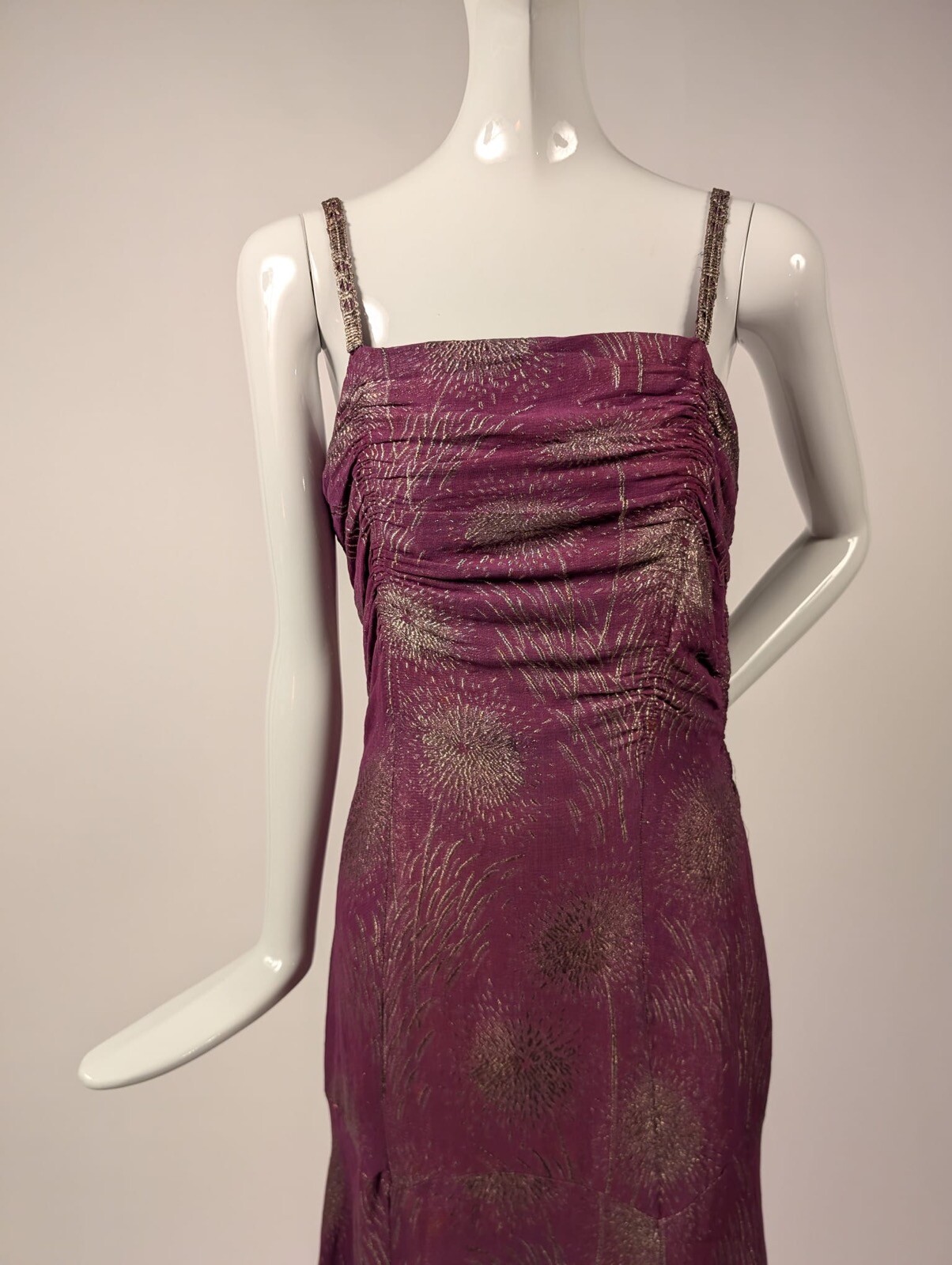 HOLLYWOOD GLAMOUR 1930’S METALLIC GOLD LAME BROCADE FUCHSIA LONG DRESS 