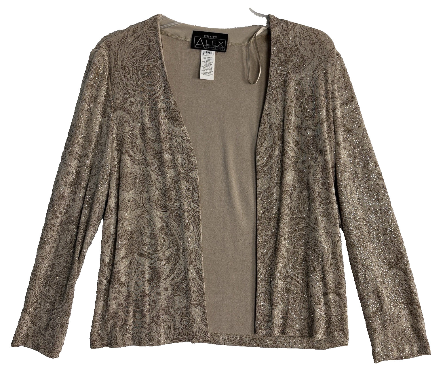 Alex Evenings Cardigan Women PM Beige Metallic Paisley Open Front Petites VTG
