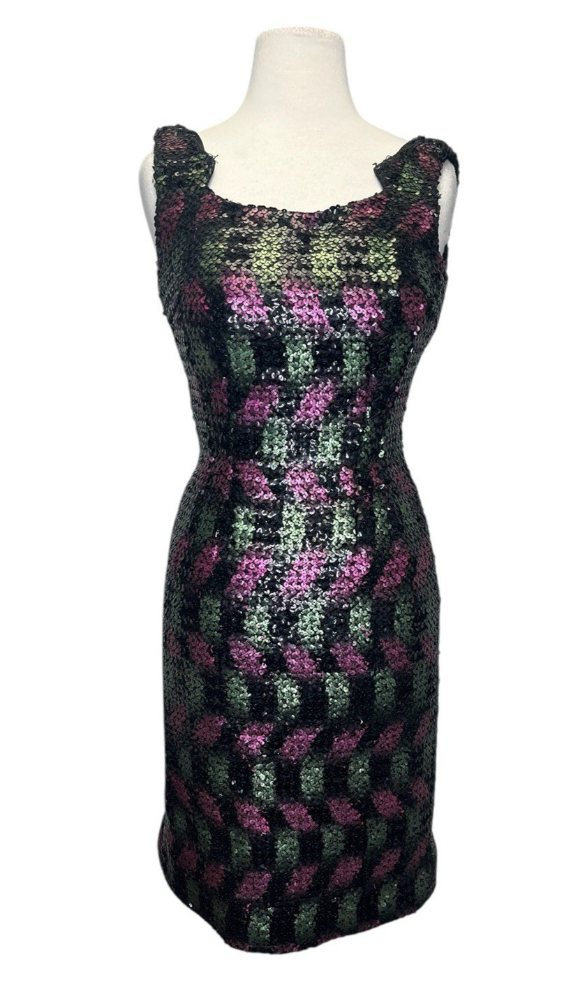 50s 60s Vintage Sequin Cocktail Dress Green Purple Black Wiggle Pencil Small