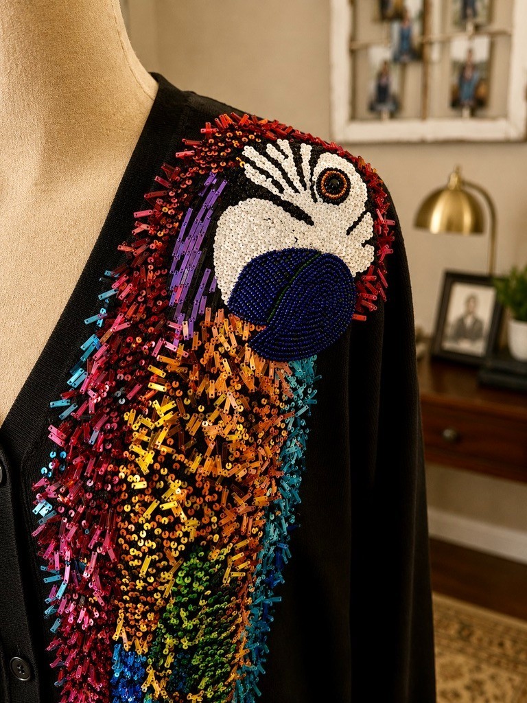VTG 2001 Michael Simon New York Black Beaded Silk Cotton Parrot Cardigan Womens