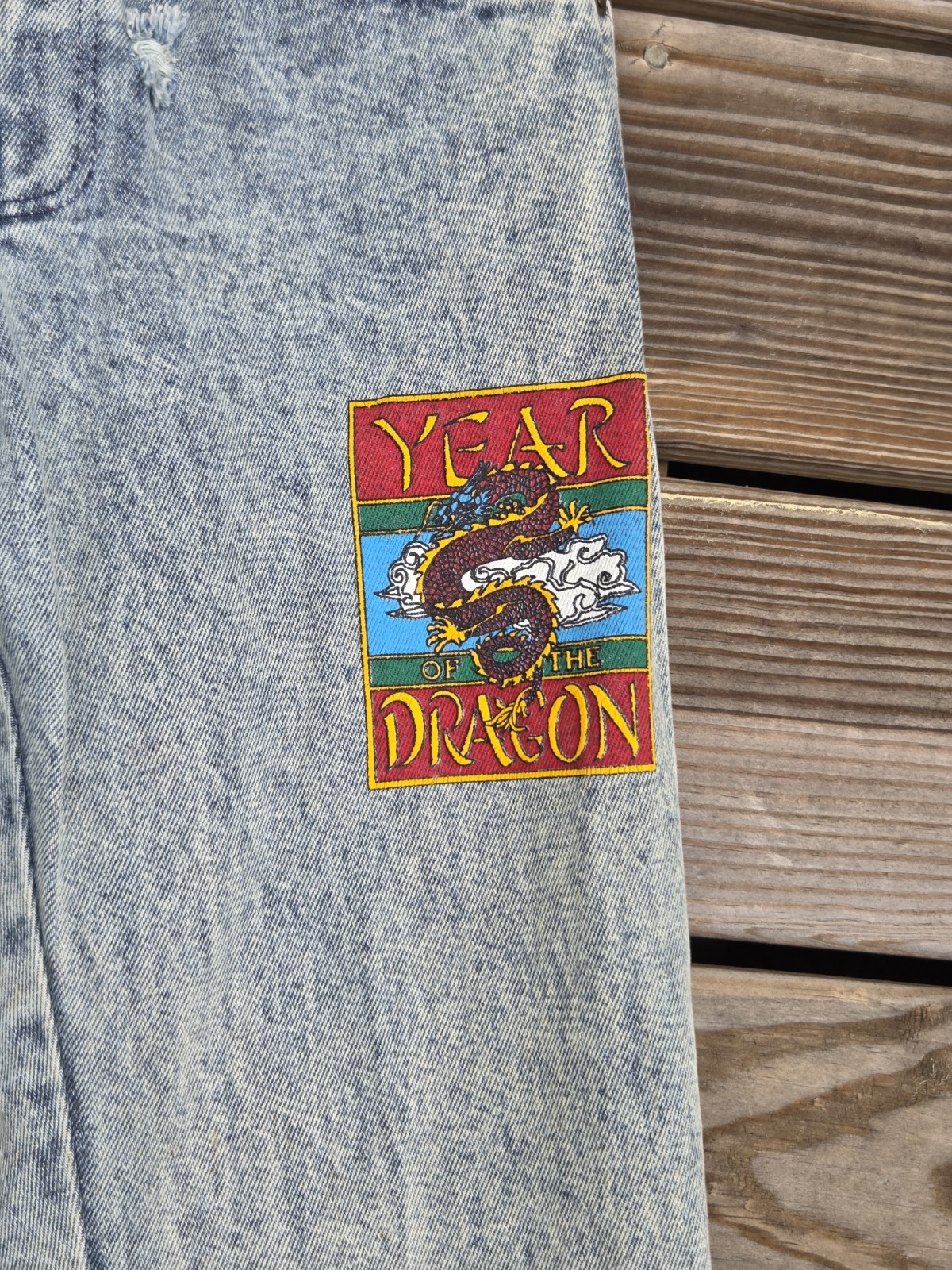 🐲Vintage Acid Wash Patchwork Jeans Womens 80s Dragon Biker Distressed Denim🐲