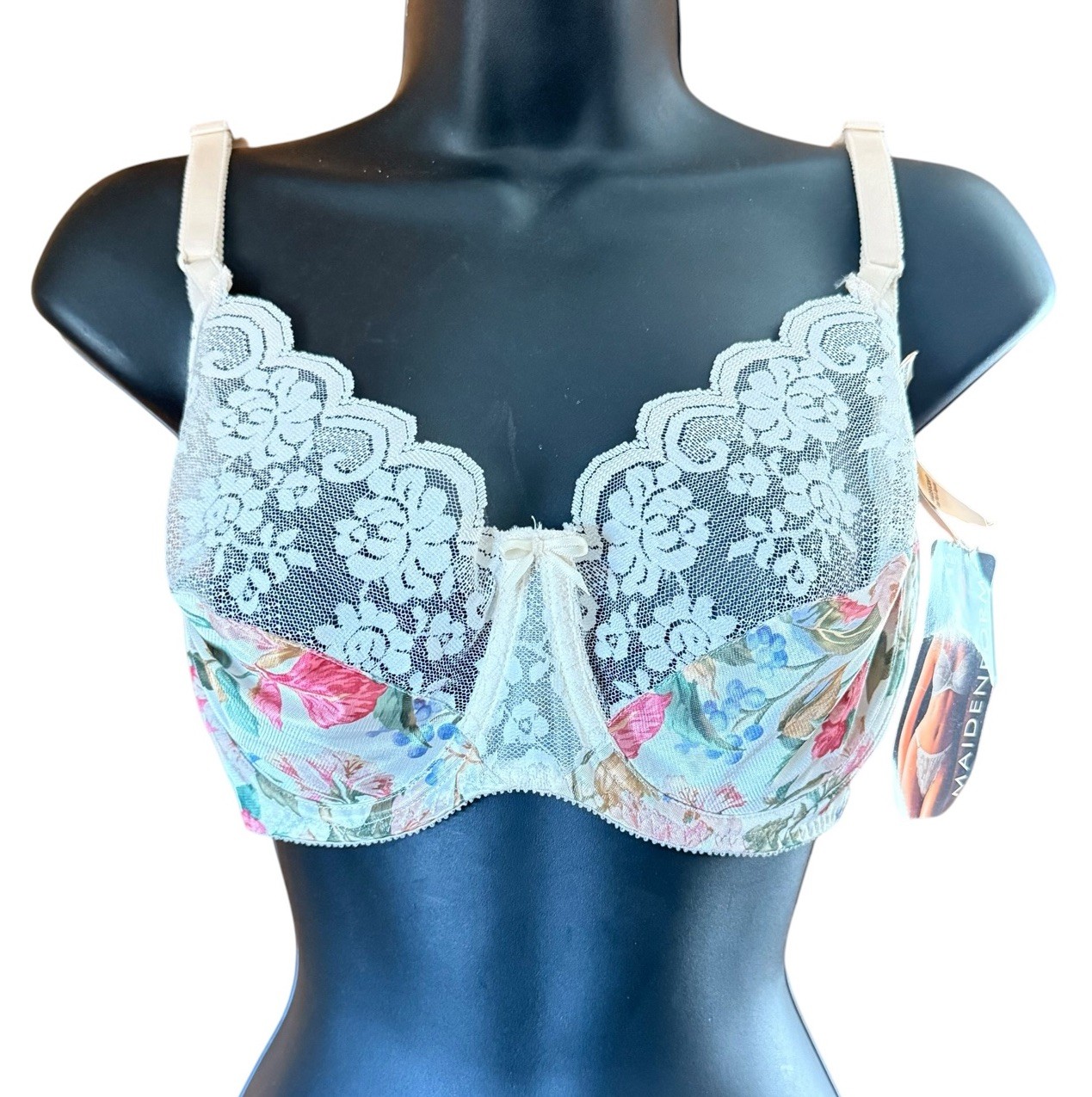 Vintage Maidenform Chantilly Bra 36D Lace Underwire Floral Silky Satin Unlined