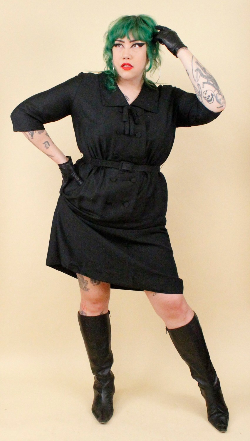 1950s Vtg Black Plus Size Volup Collared Sailor Button Dress Goth Pin Up 1X B48&Prime;