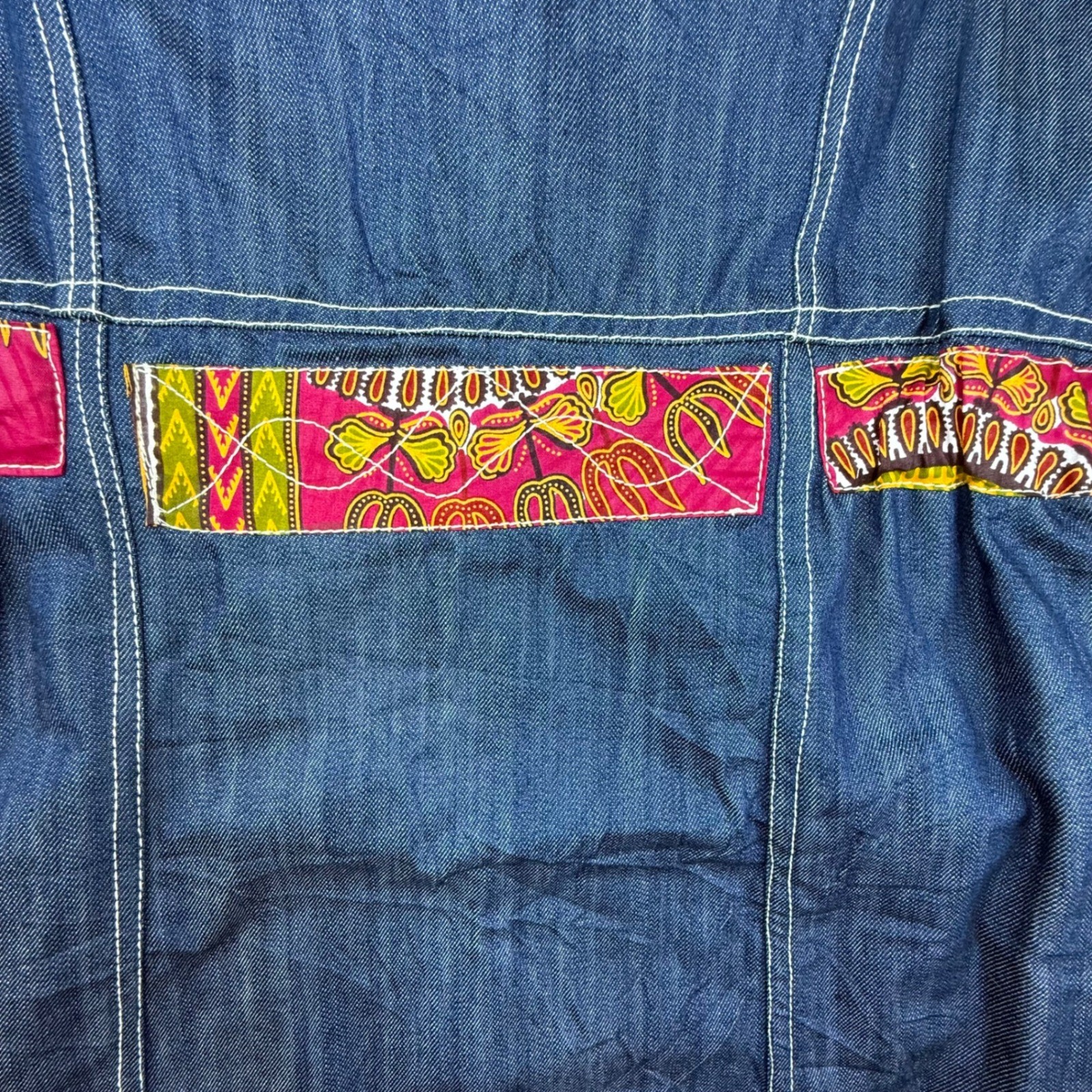 Denim Patchwork Dress Tribal Print Zip Front Pockets homemade boho artisan RARE