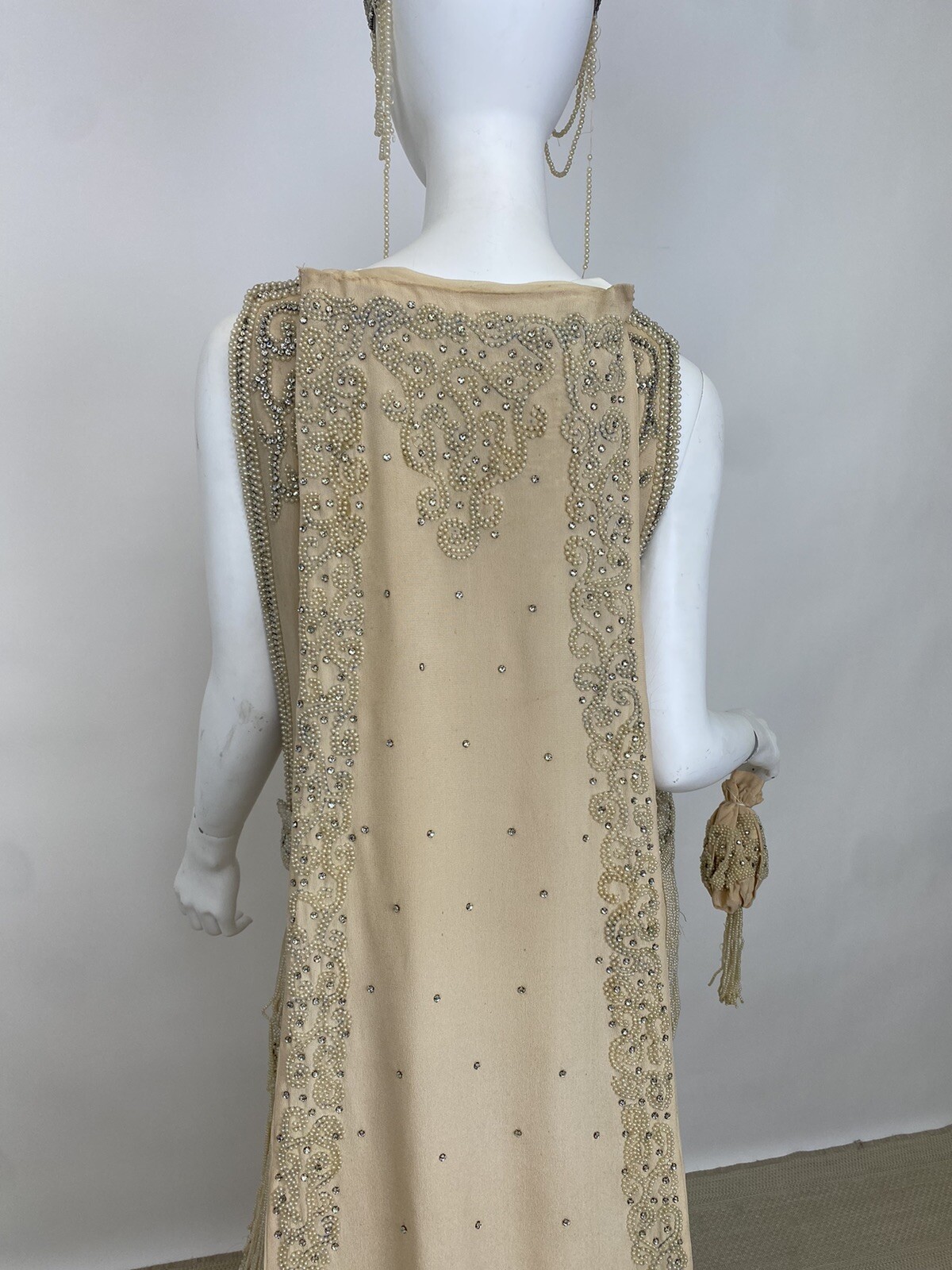 Real Antique 1920s Flapper Wedding Gown Train Headpiece Pearls Rhinestones
