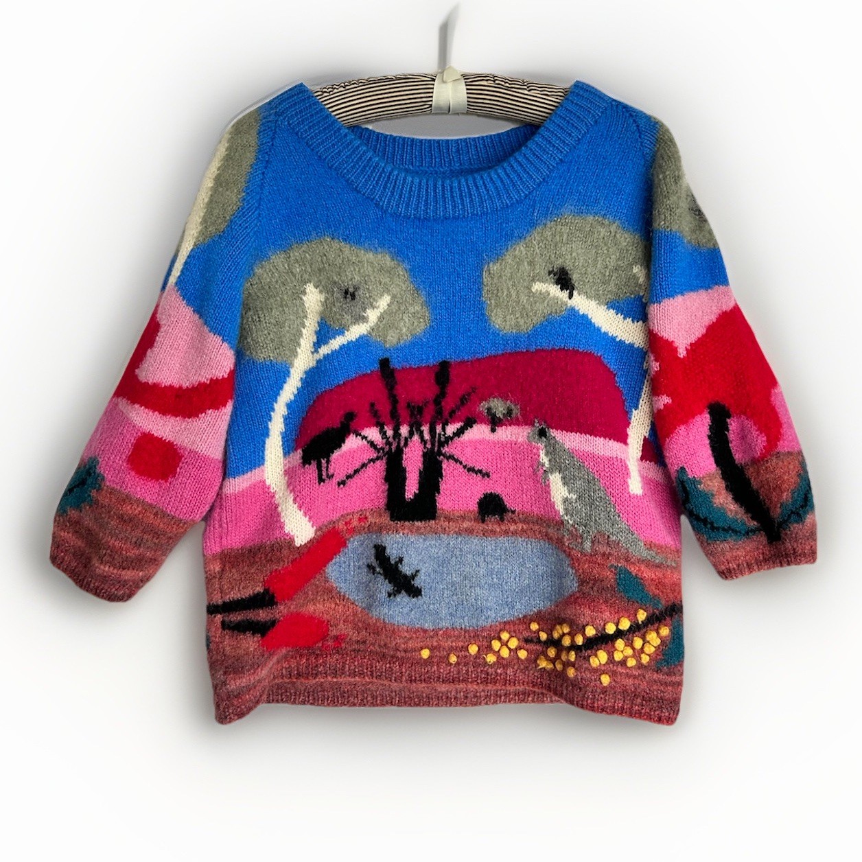 OOAK Hand Knitted Sweater Arts Crafts Australian Landscape Animals Wool Mohair M