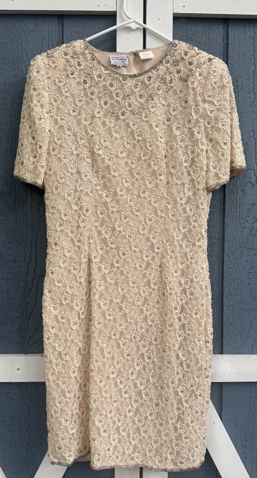 Stenay Vintage Beaded Lace Sheath Dress Womens 12 Ivory Midi Formal Cocktail MOB