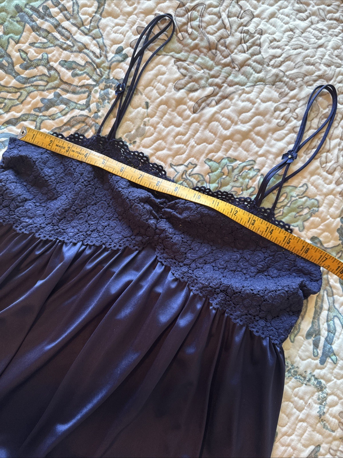 VTG VANITY FAIR Navy BLUE SWEEP NIGHT GOWN Large Long stretch Lace BODICE Gown