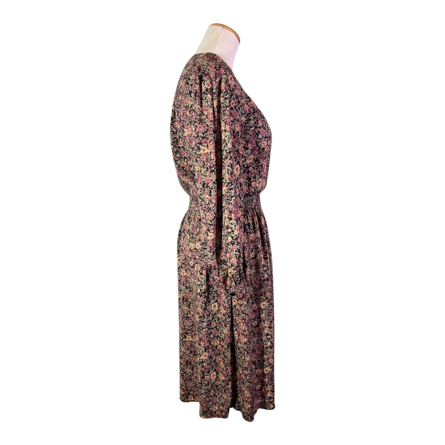 Vintage 80s Taurus II Size 8 Dark Floral Dress Smocked Waist Union Made