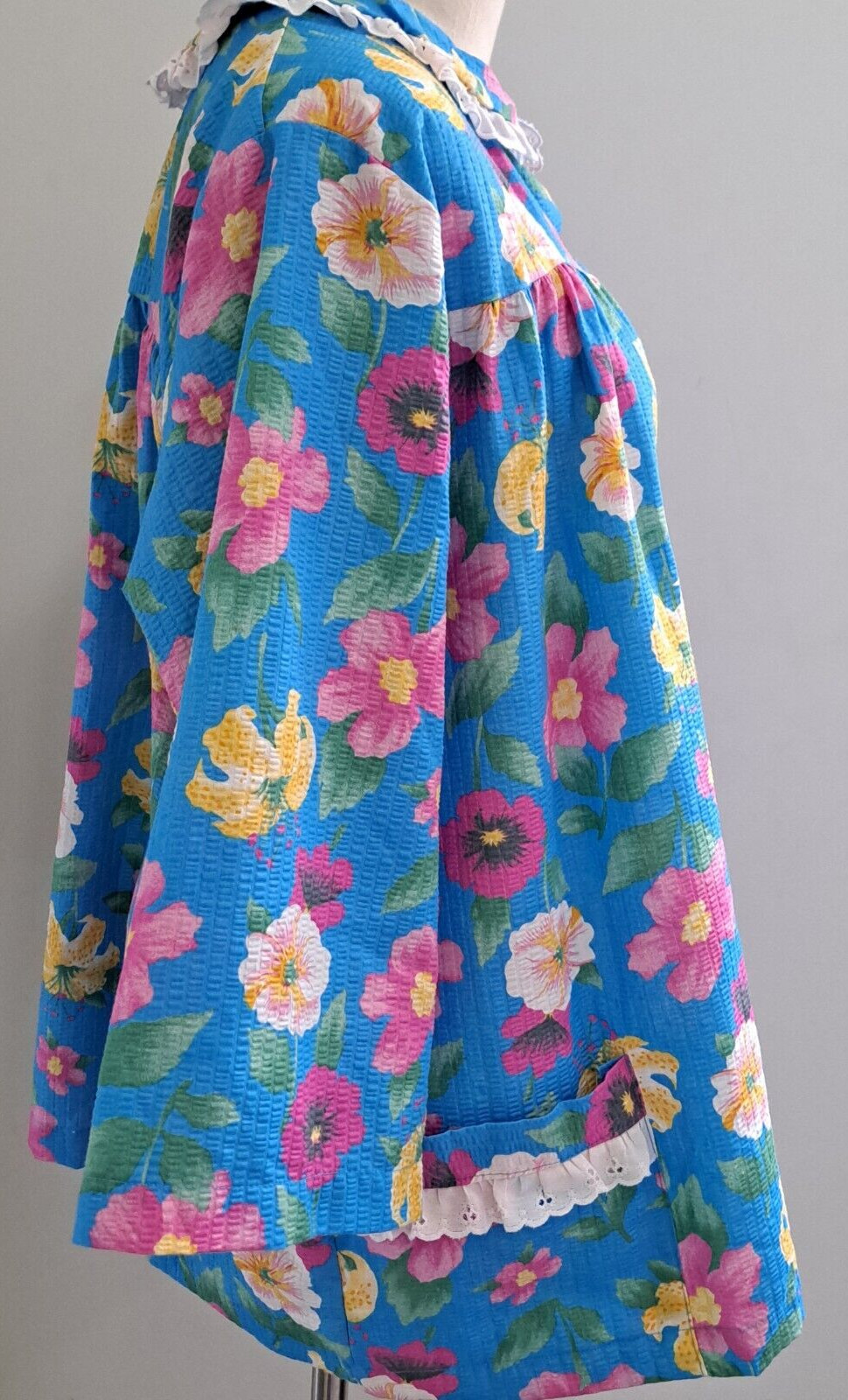 60s Pink Blue MOD Flower Top Snap Buttons Lace Peter Pan Collar USA L