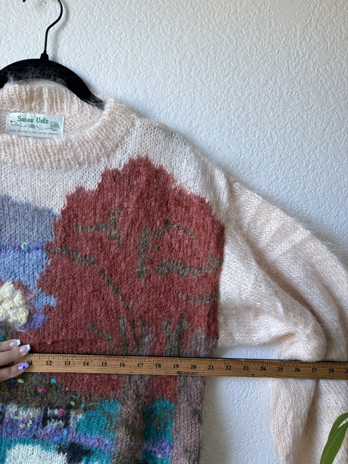 Susan Vale Hand Knitted Teal Multicolor Knit Sheep Landscape Sweater