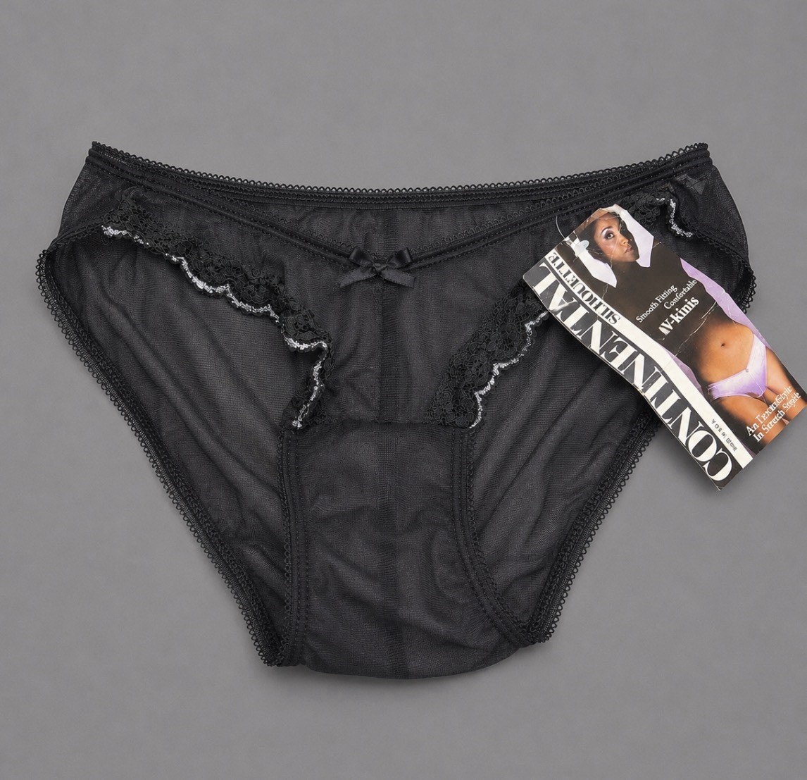 Vintage 80s Continental Silhouette Black V-Kini Sheer Nylon Panties Size 6/M