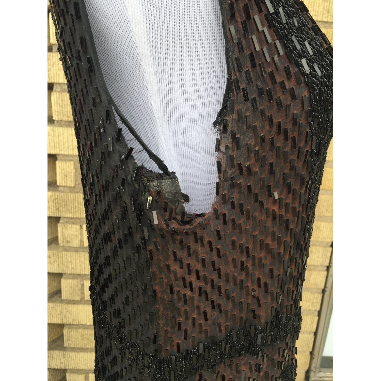 Rare 1920s Beaded Sequin Flapper Dress, Black Silk Chiffon Fringe, XS/S