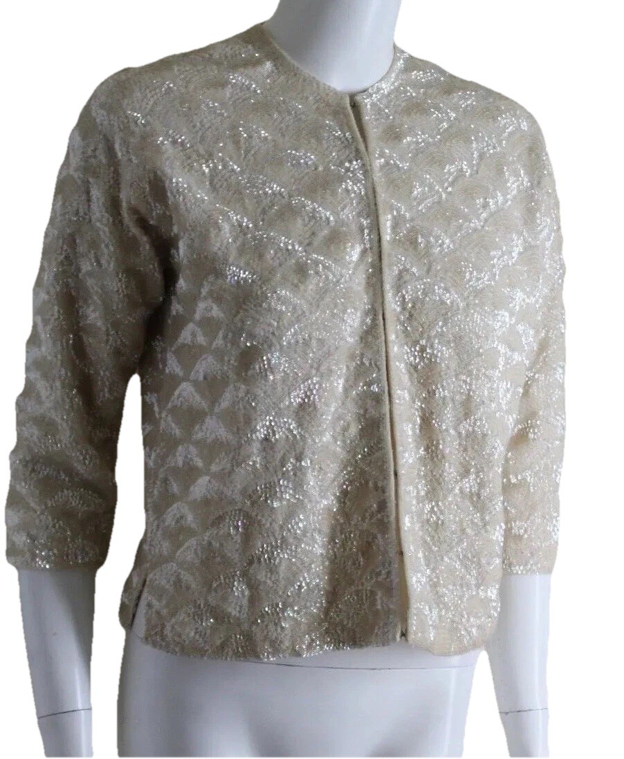 ESTATE Vintage 1960s Fine WAVING Fans SEQUIN Beaded Wool Cardigan Sweater S M 40