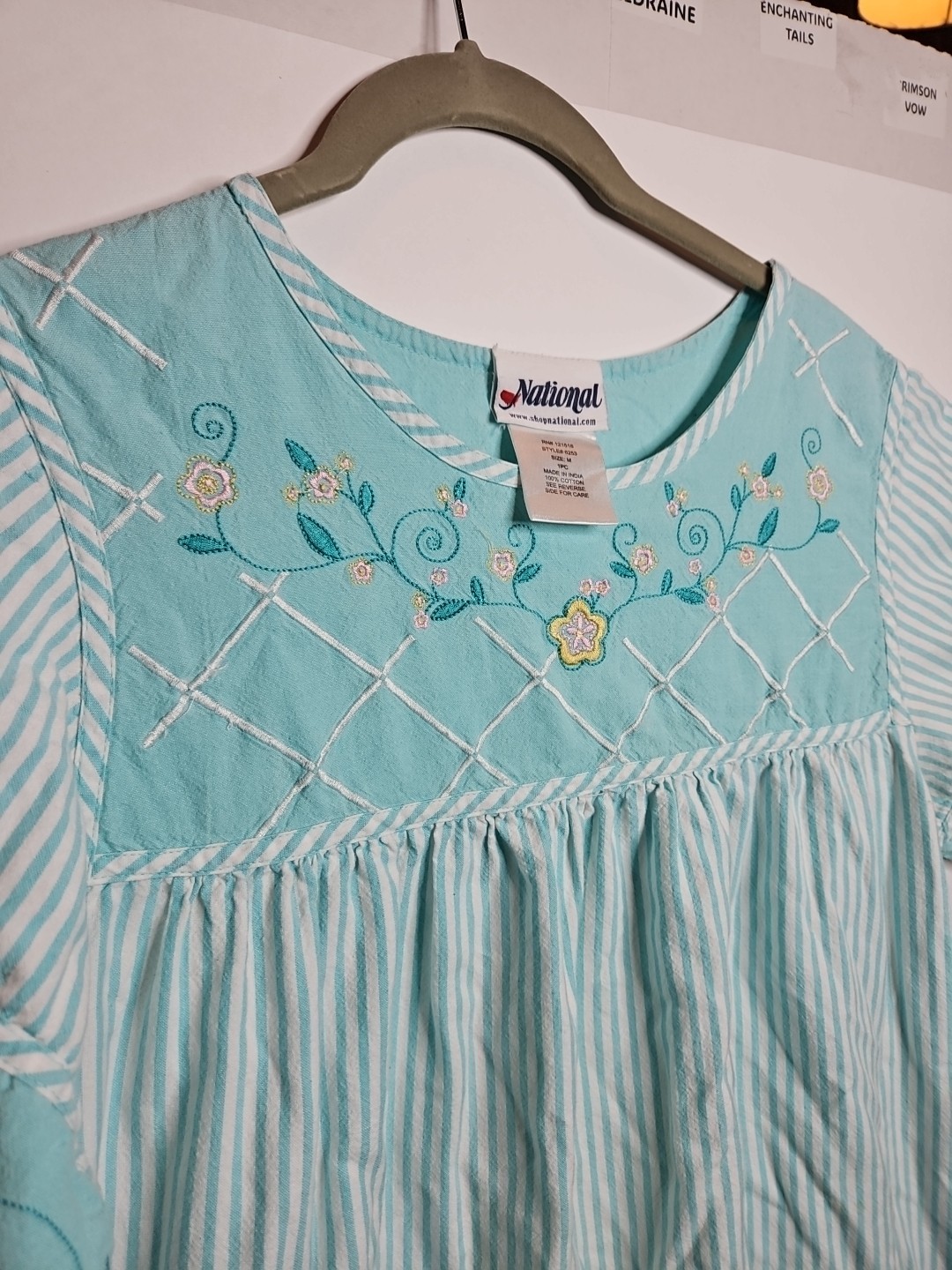 Vintage Embroidered Light Blue Striped Muumuu House Dresses Size Med