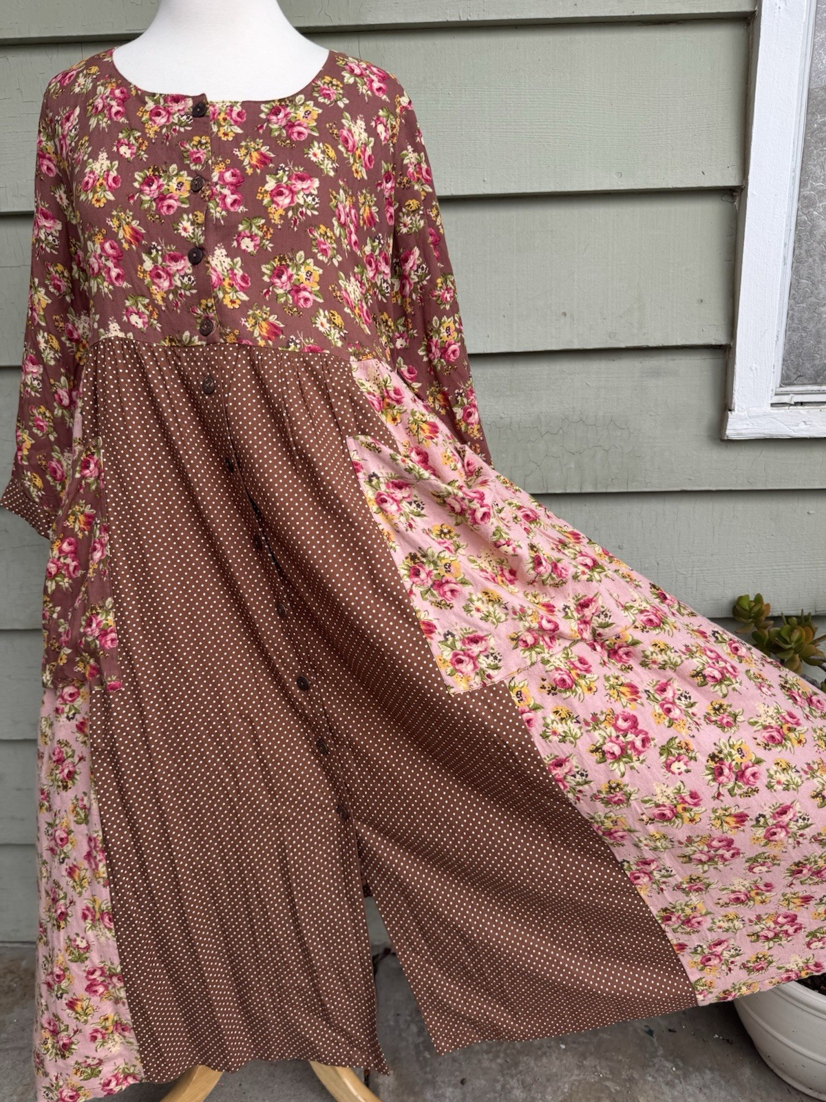 Vtg 90’s April Cornell Patchwork Cottagecore Grunge Dress Pink Brown Floral XXL
