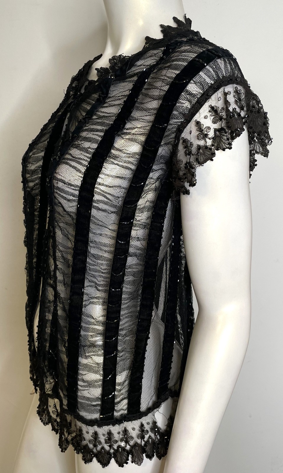 Antique 20s Black Beaded Lace Jacket S M Overlay Evening Edwardian Victorian