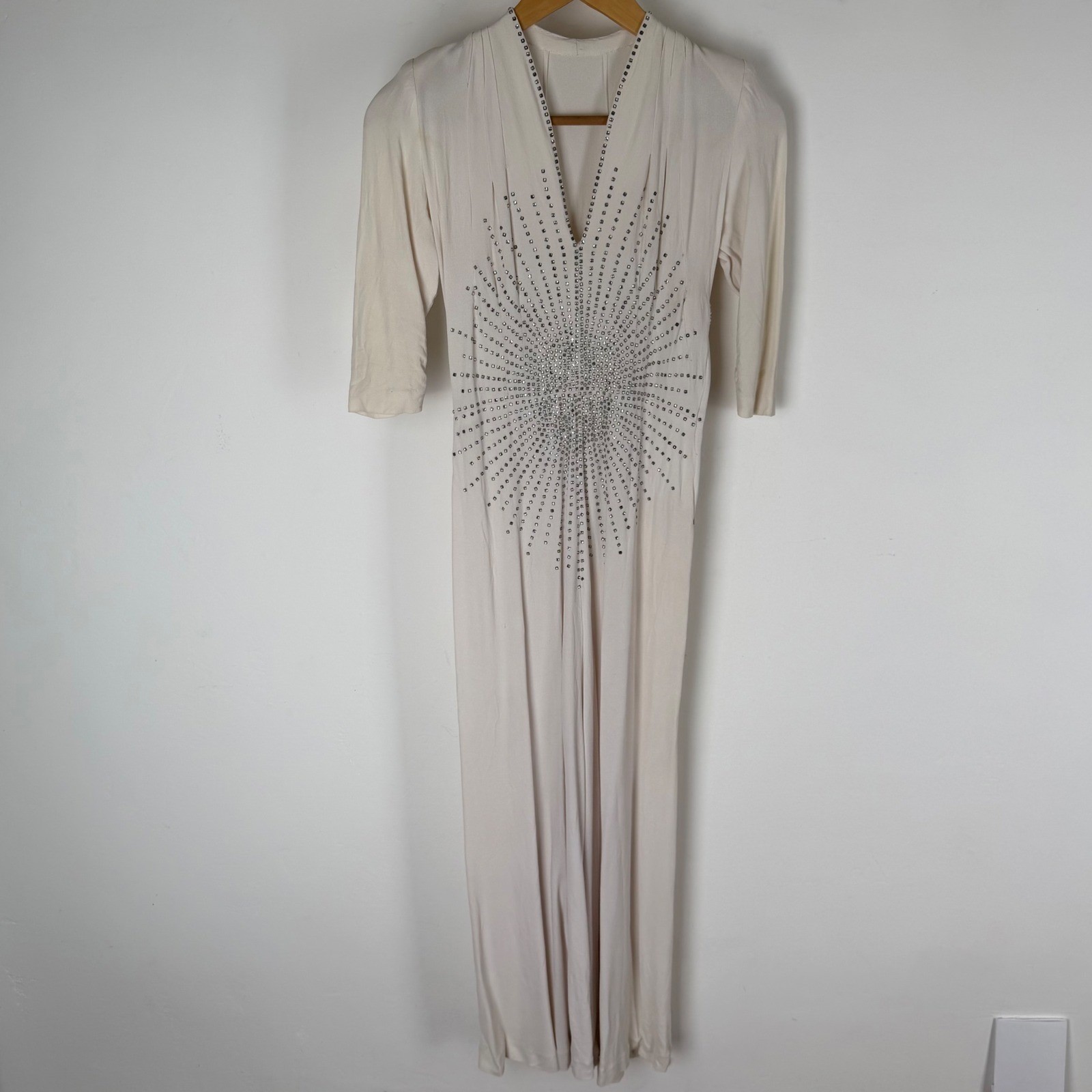 1940s Cream Rayon Crepe Gown Rhinestone Sunburst Side Zipper Evening Dress FLAWS