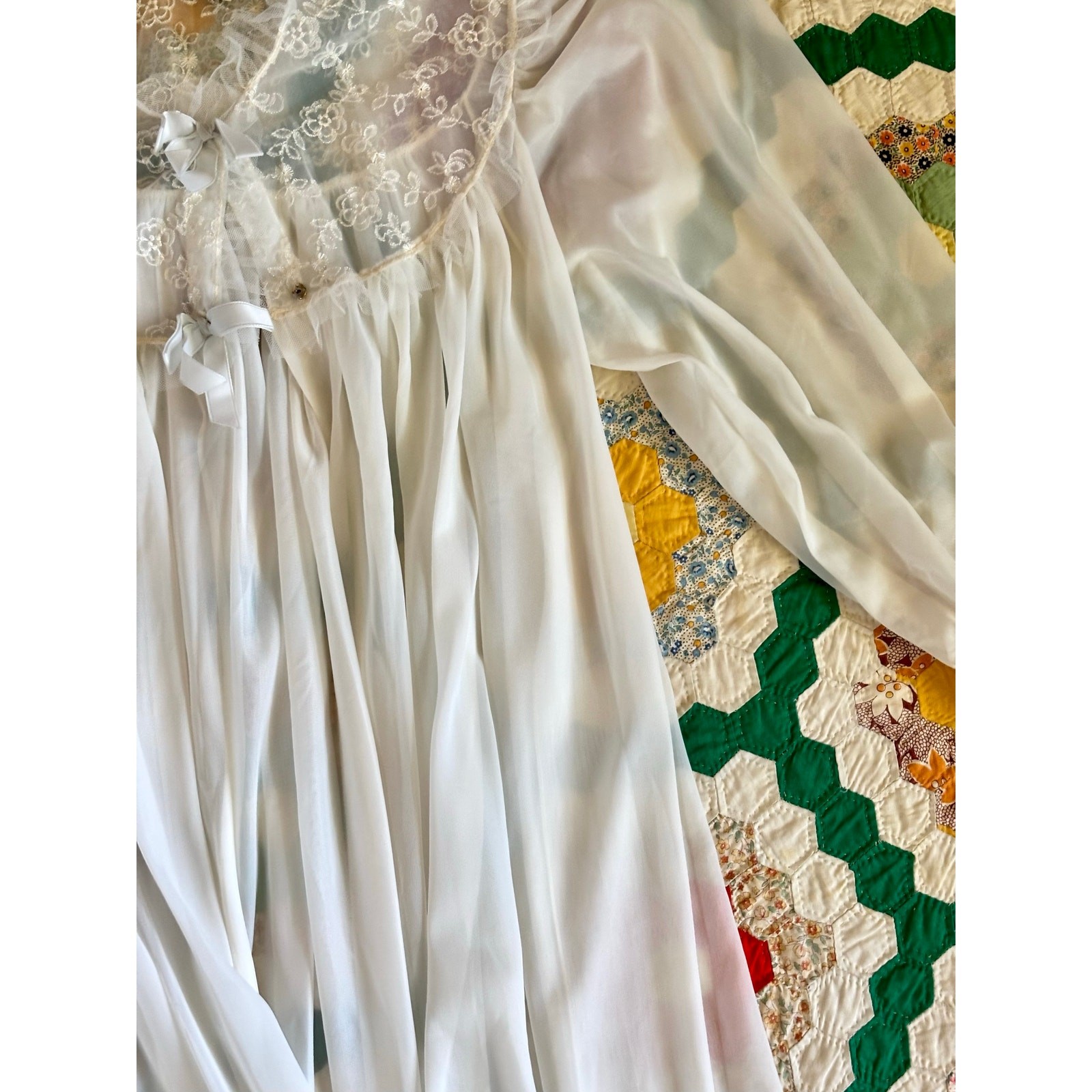 Vintage 1960s White Nylon Peignoir Robe Lady Lenora Tulle Trim Bridal