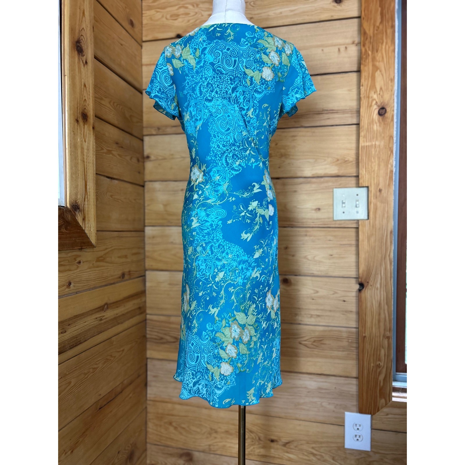 Vintage Faux Wrap Midi Dress Women Large Teal Blue Green Floral Jessica