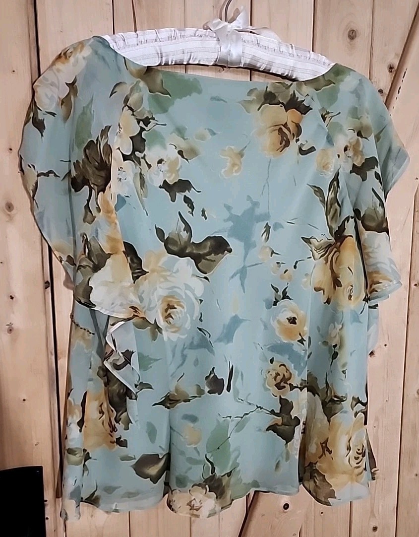 Vtg Adrianna Papell Womens Green Beige Floral Silk Top Asym Skirt Set Sz 16/18