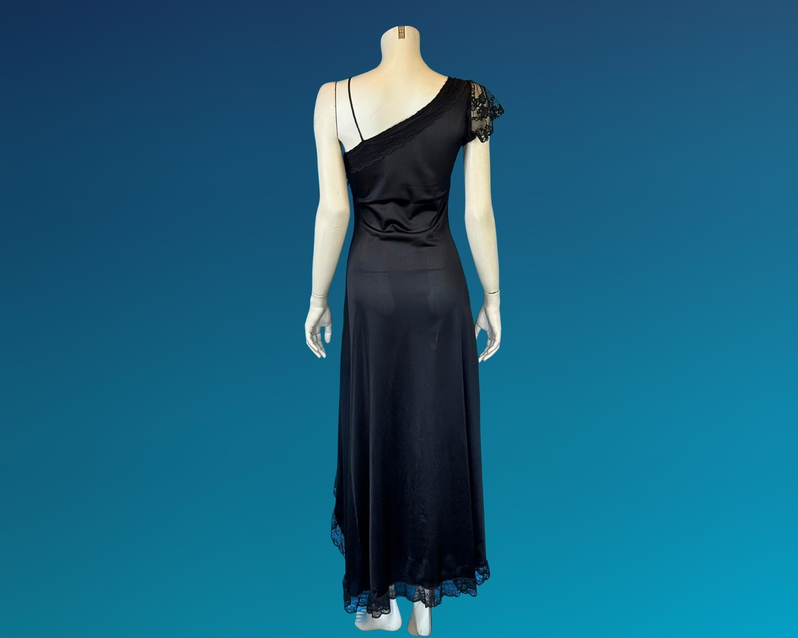90s Dark Romantic Asymmetrical Black Negligee Slip Dress Nightgown | XS