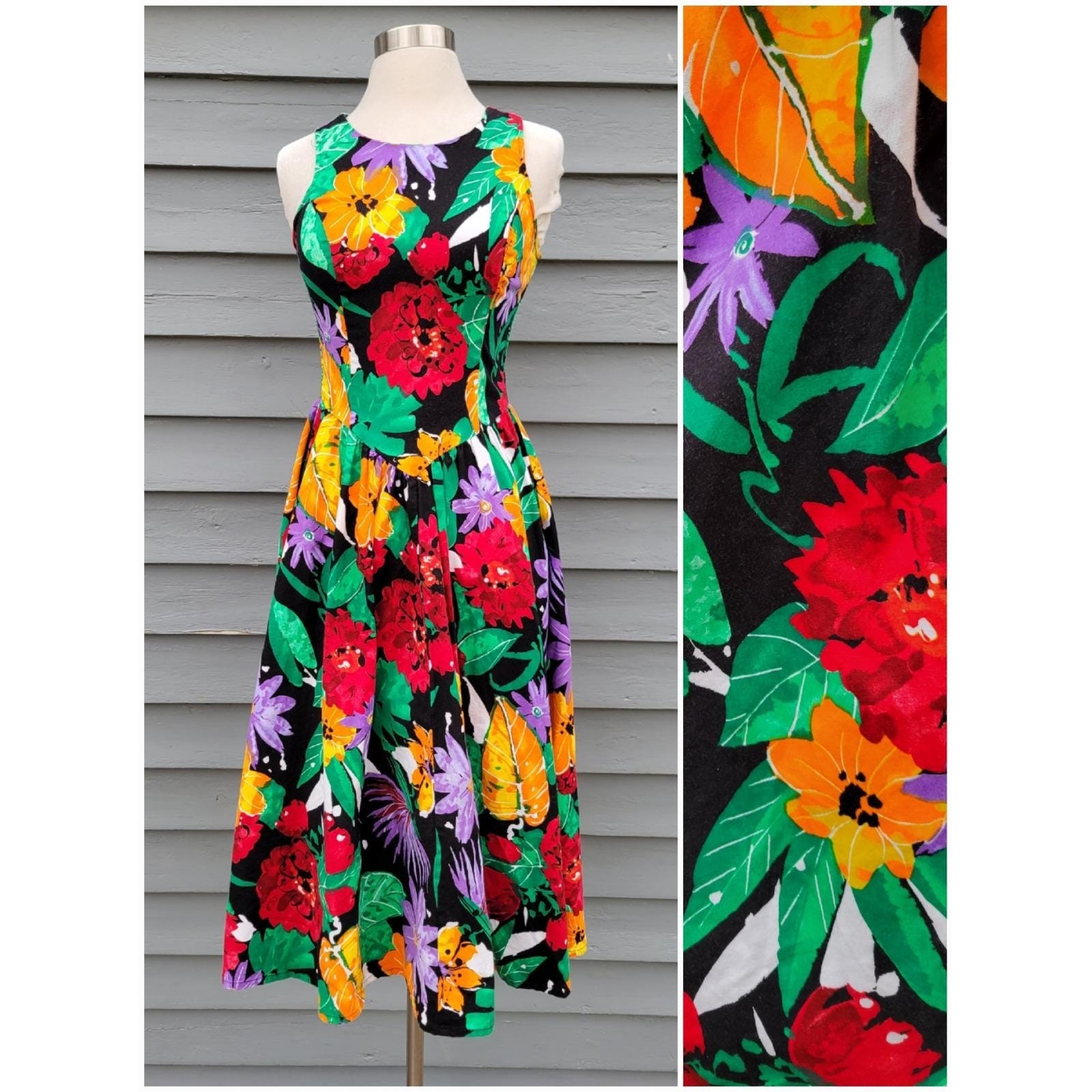Vintage 90s Style My Way Floral Midi Dress Black Multi Tropical Smocked Back XS
