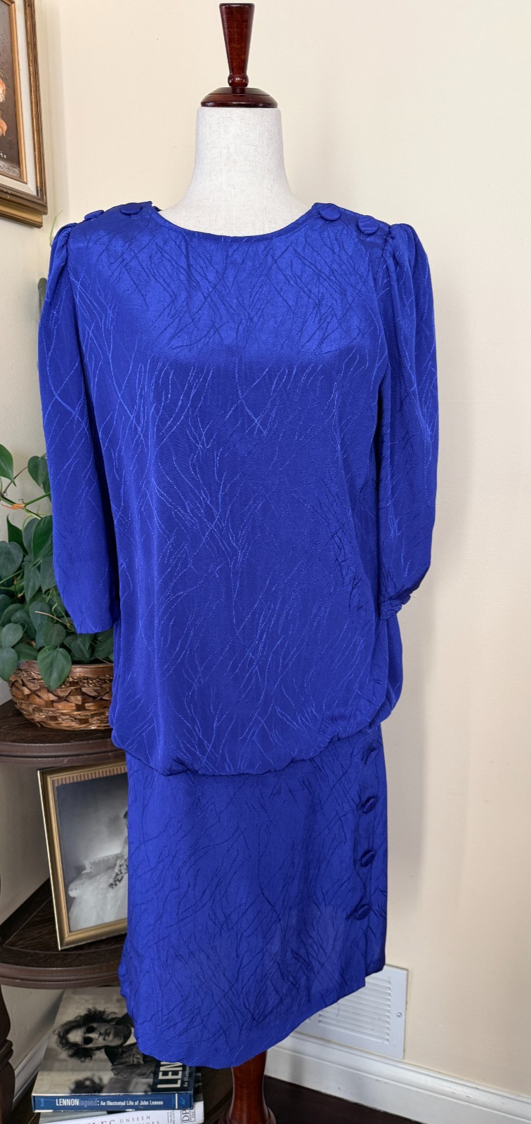 Vintage 80s Stuart Alan Blue Blouson Dress sz 10
