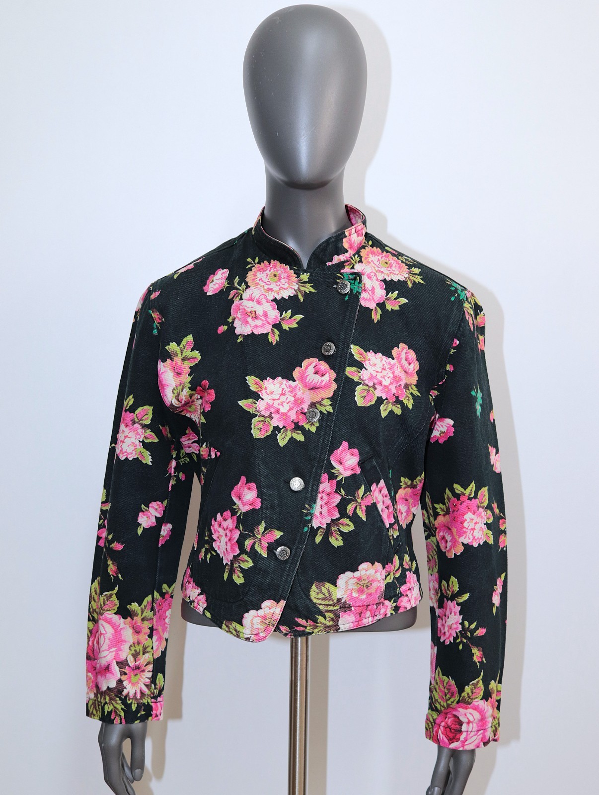 Vintage 1980s Floral Black Denim Jacket KENZO JEANS Size M Made in France